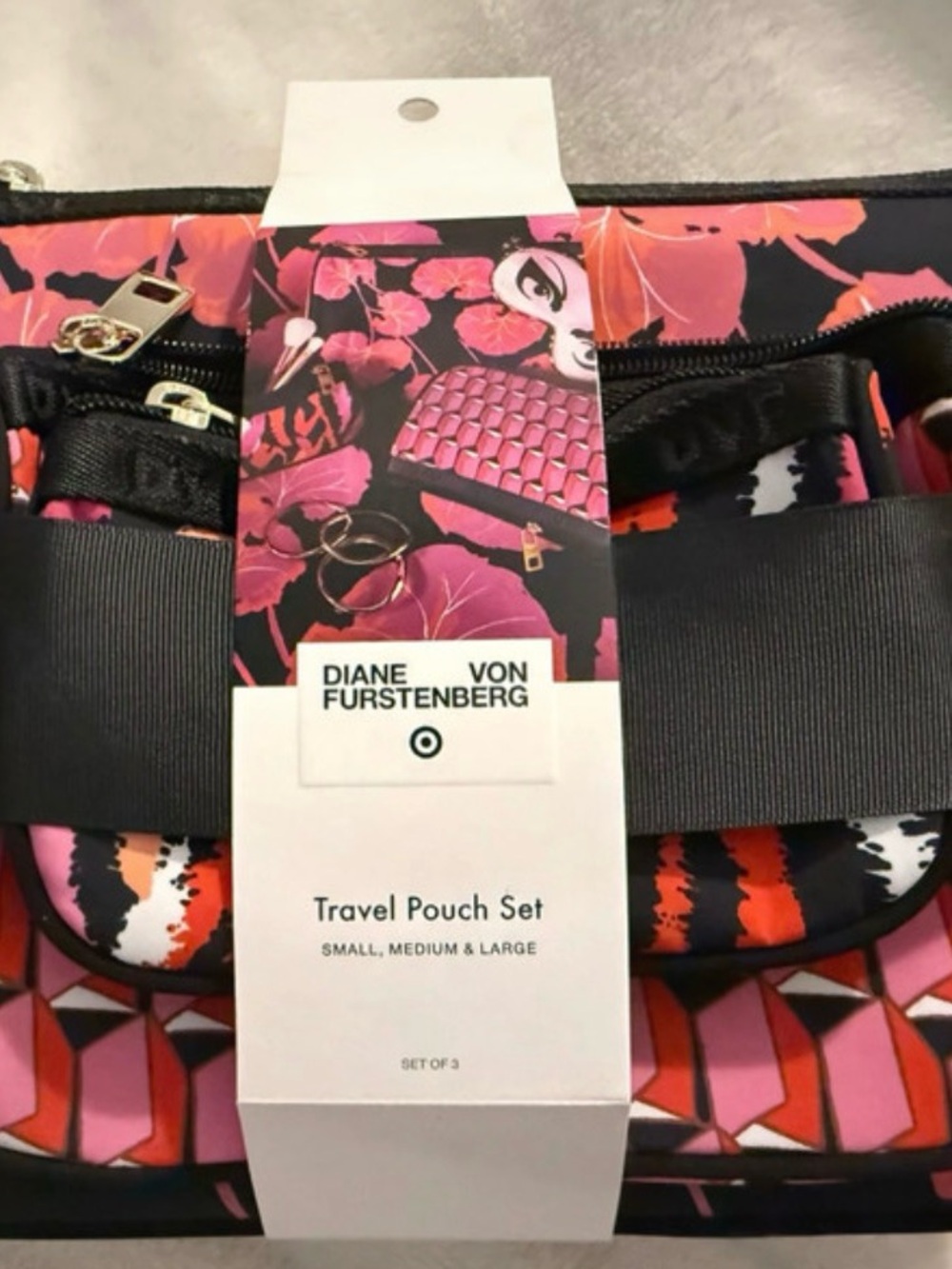 Diane Von Furstenberg Pink, Black & Orange Travel Pouch Set